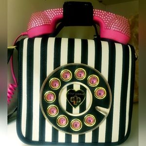 Betsey Johnson Kitsch Call Me Baby Telephone Bag Phone Striped Pink Bedazzled